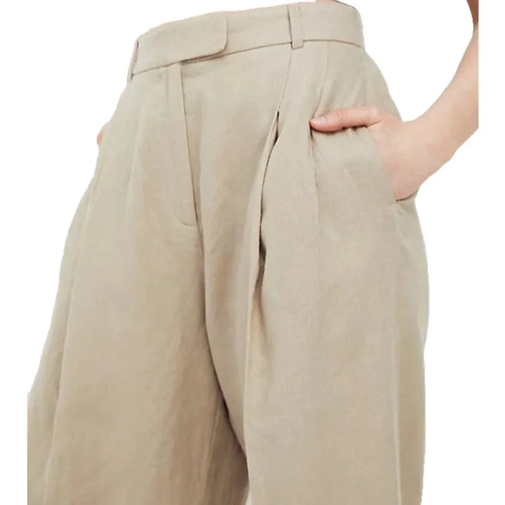 Free People Lyla 100 % Linen Wide Leg Pants In Sand Size 8 NWT